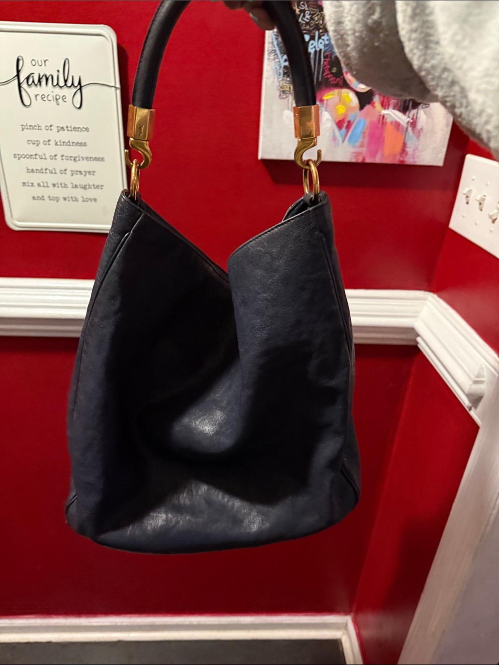 Yves Saint Laurent navyLeather Shoulder Bag with Gold Hardware